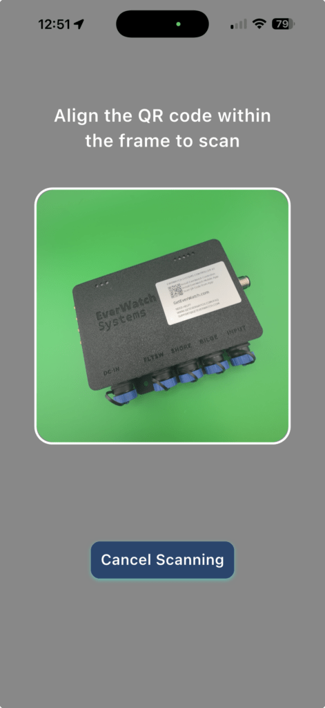 Mobile app screen displaying an EverWatch Controller with instructions to align the QR code for scanning, featuring the EverWatch Systems logo and device information.