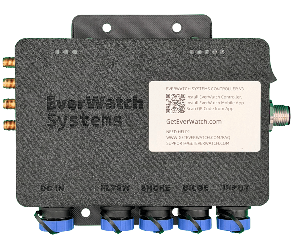 EverWatch Controller V3 device with multiple connection ports for sensors, featuring branding and installation instructions on the label.