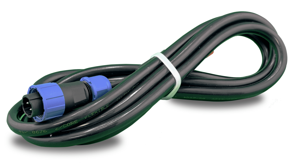 NMEA2000 connector cable for EverWatch Controller, featuring a blue connector and flexible black wiring, designed for boat monitoring system installation.