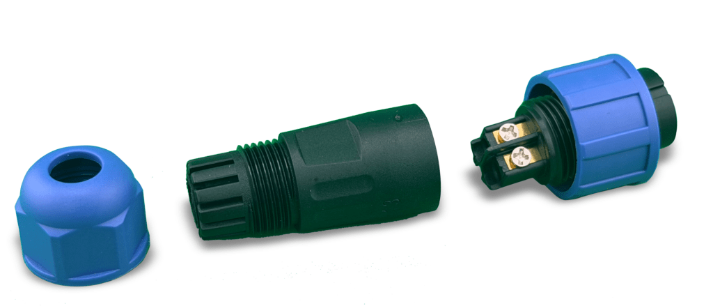 NMEA 2000 connector components for EverWatch Controller, including blue cap and disassembled connector for bilge pump wiring.