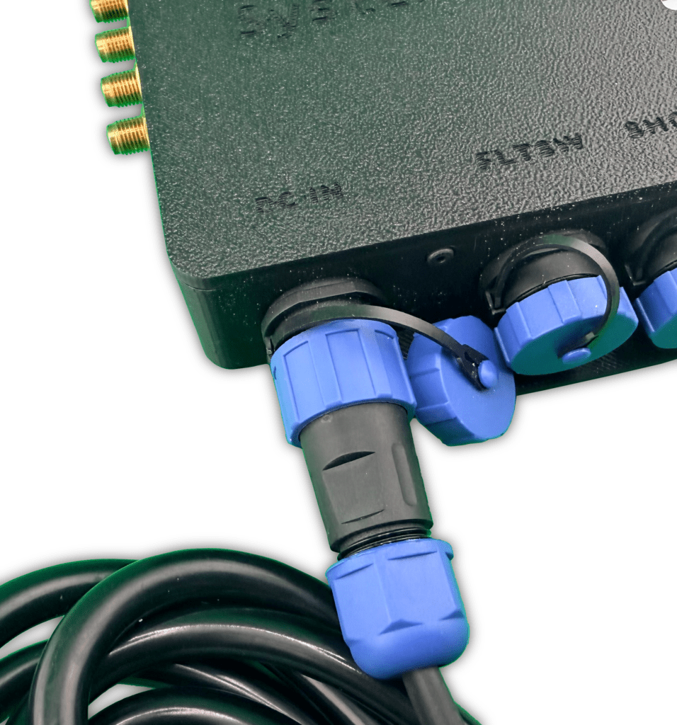 EverWatch Controller with blue connectors and power input, featuring wiring for bilge pump activation.